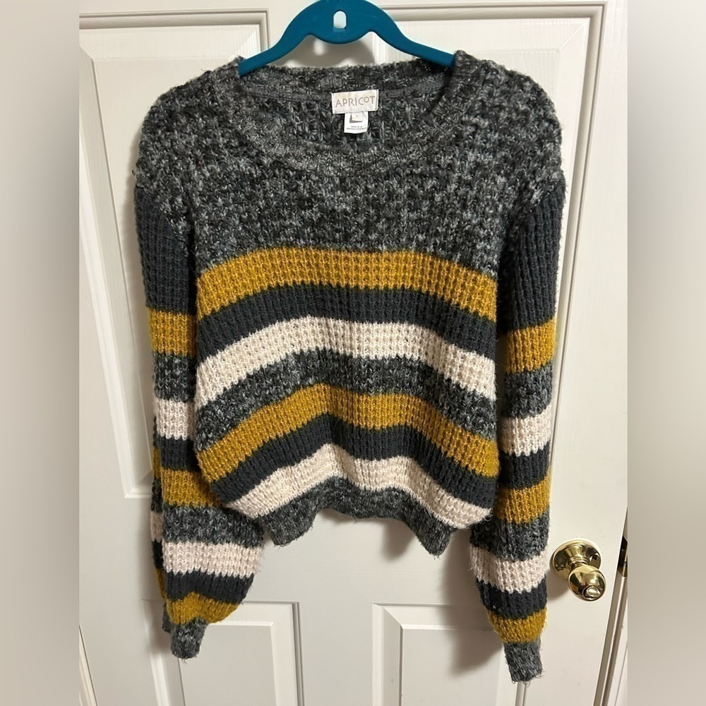 Apricot‎ Chunky Soft Knit Striped Sweater Mustard Gray & Cream Size Large